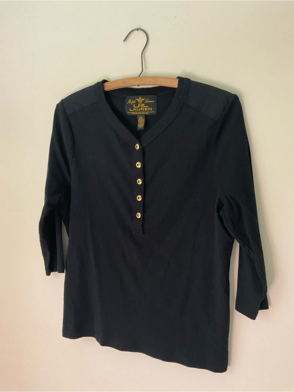 Lauren Ralph Lauren Black Ribbed Henley with Gold Buttons